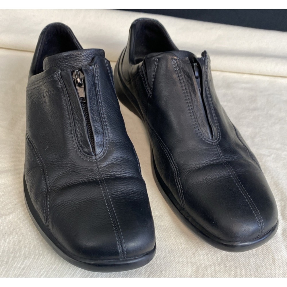 ECCO Men's Slip on Loafers Zip Up Front Shoes BLACK SOFT LEATHER Latex Soles 8